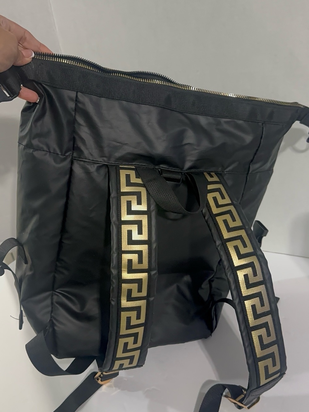 Versace Black Backpack with Gold Greek Key Straps